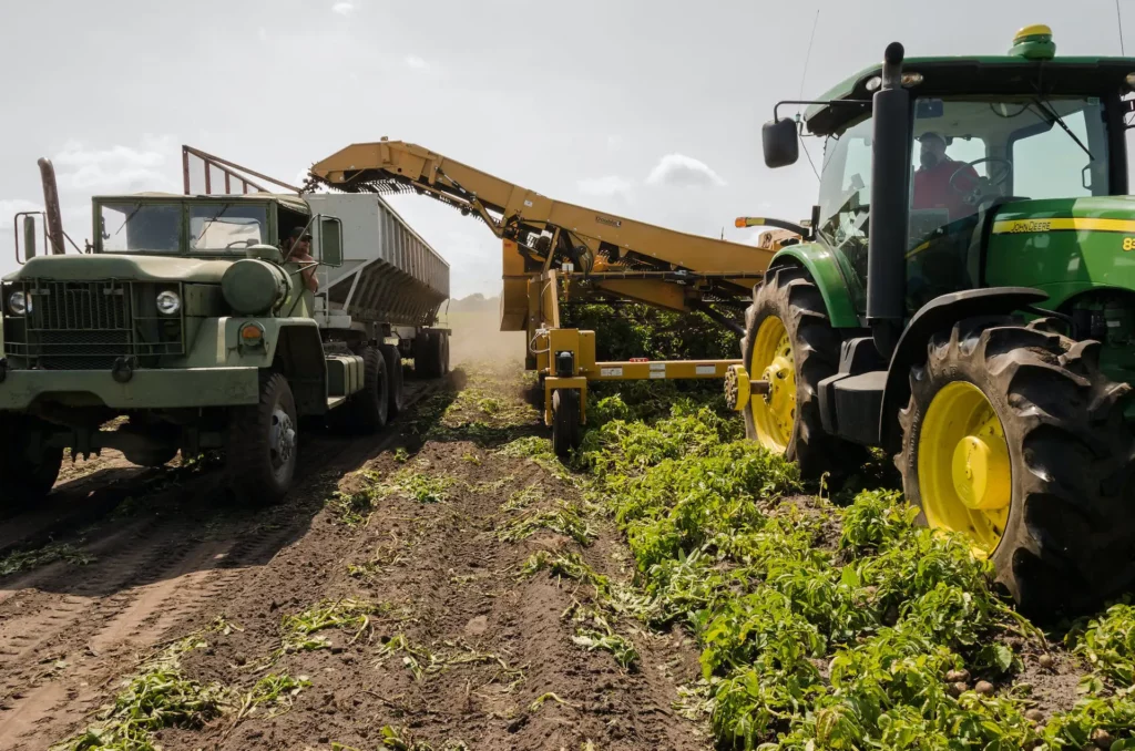 Traktor und Laster mit Anhänger bei der Ernte